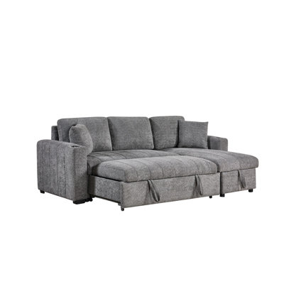 Noemi II 96" Gray Boucle Fabric Reversible Sleeper Sectional Sofa with Storage Chaise, Cupholders, USB Charging Port, and Throw Pillows