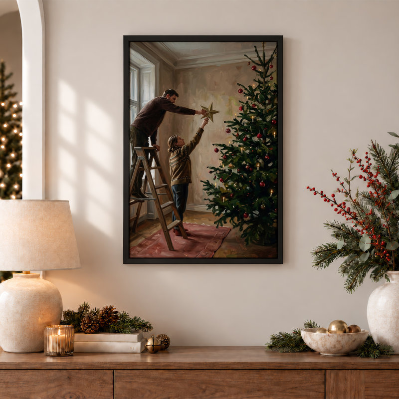 Couple, plaçant une étoile dorée sur un arbre de Noël, art mural sur toile, 24"H x 16"W