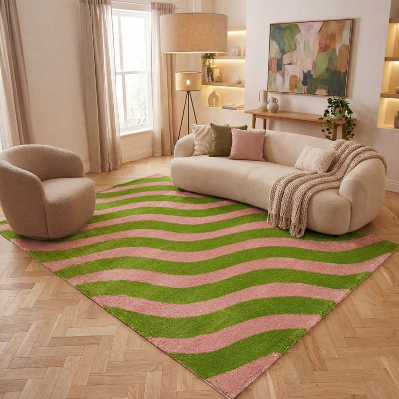 Joli Wavy Area Rug Soft Dense Pile for Living Rooms and Bedrooms, Green/Pink, Rectangle 160 x 230 cm