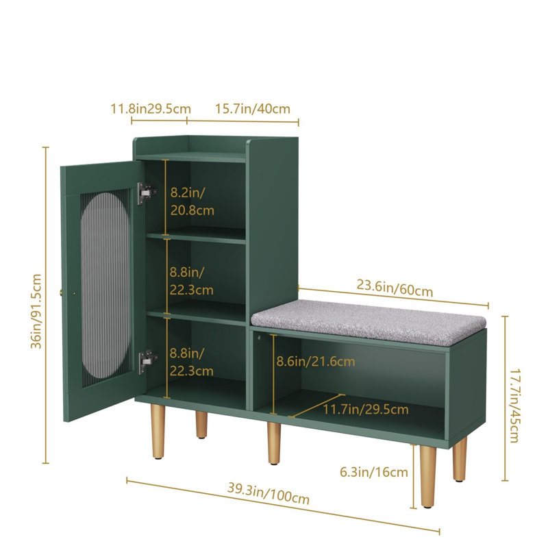48" L-shaped Shoe Storage Bench – Padded Seat, Glass Door & Shelf, Modern Organizer For Entryway/hallway/bedroom, Green