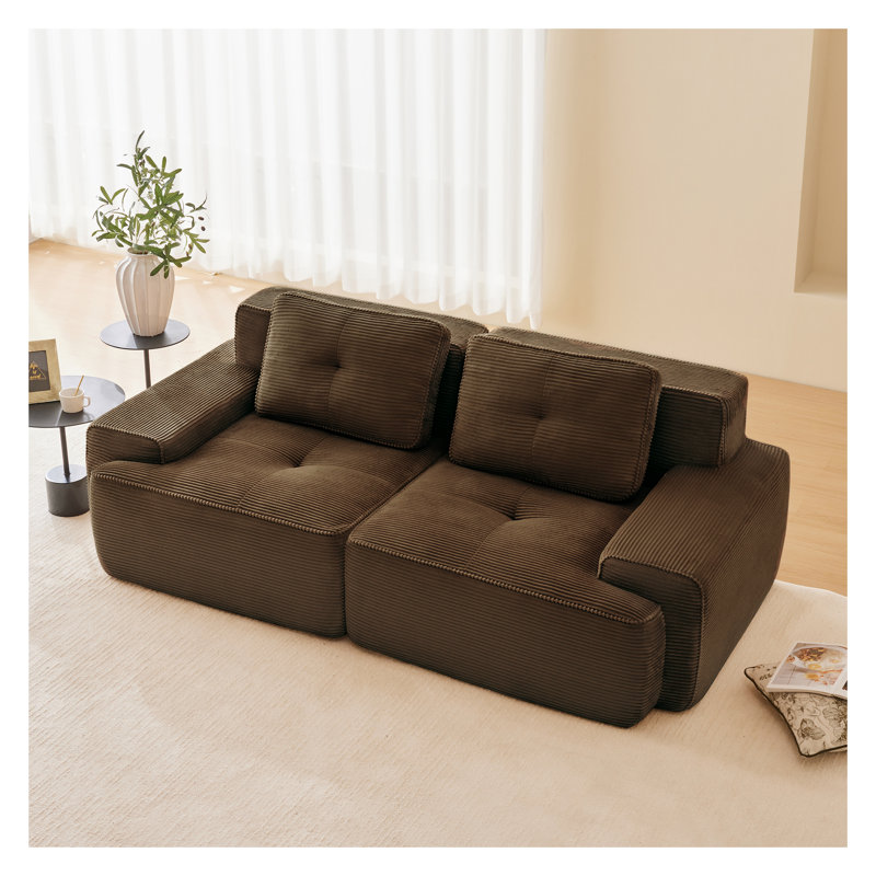 Canapé modulaire en L 82 po pour salon modulaire en tissu de velours côtelé de 82 po avec assise profonde, passepoil perlé, conception capitonnée, sans assemblage, conception antidérapante, brun