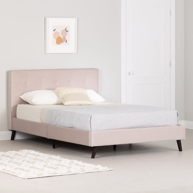 Pale Pink Velvet Twin Upholstered Platform Bed with Headboard
