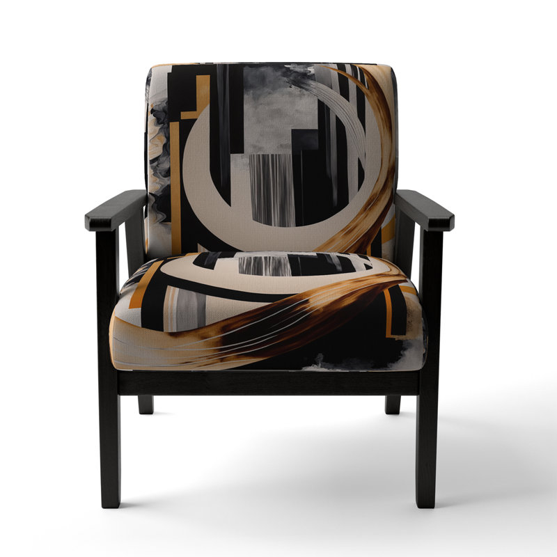 Upholstered Accent Chair, Modern Jitsuo Armchair - Jitsuo, Black/Gold/Ivory, Black Square Arms