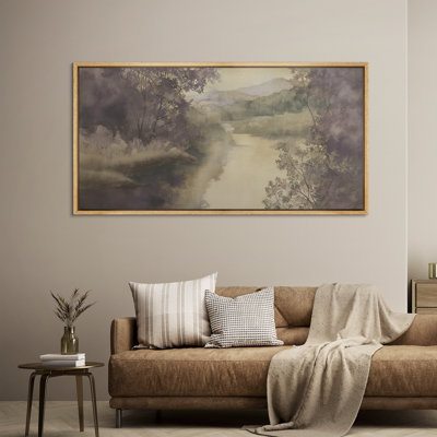 «Moody Neutral River Landscape in Taupe and Plum Watercolor Tones», impression murale sur toile encadrée