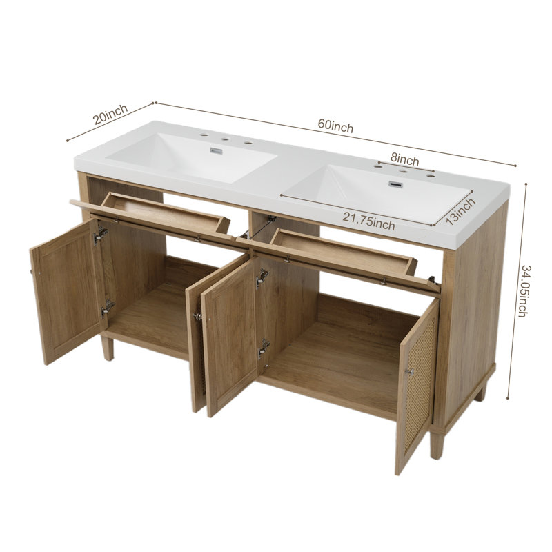 Meuble-lavabo 60 po avec double lavabo, Bois