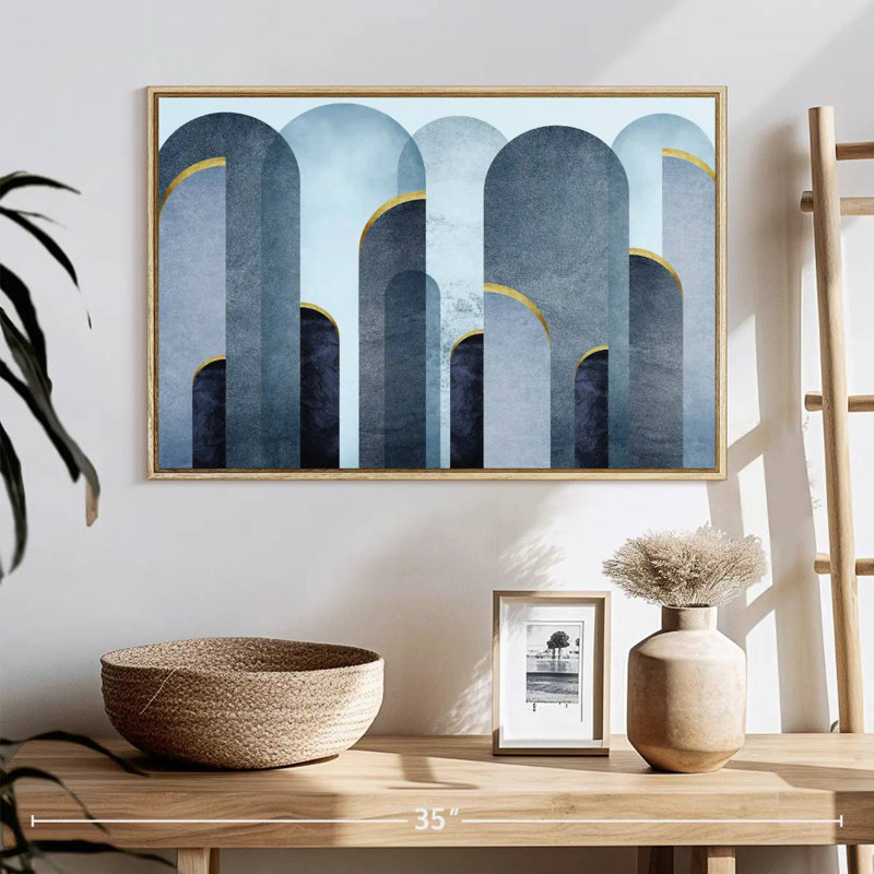 Arches bleu Mid-Century, 25 po x 17 po, Cadre flottant en bois naturel