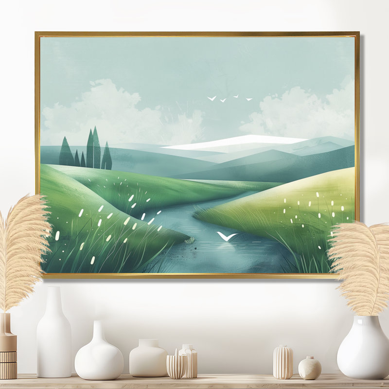 «Green Grey Pond Meadows In Tuscany I», reproduction d'art de ferme murale, Cadre flottant doré, 28" H x 60" W