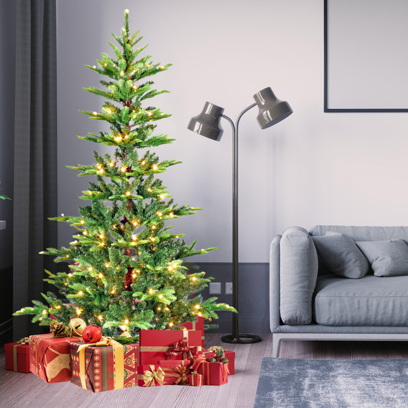 Arbre de Noël 7 pi avec 400 lumières DEL blanc chaud, 960 pointes en PE + PVC, fil à mémoire de forme repliable, structure à charnières et support en métal stable - arbre de Noël à assemblage facile