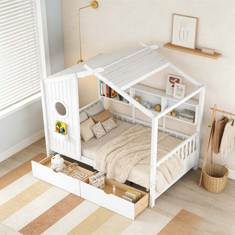 Lit en bois avec 2 tiroirs, Lit simple, Blanc