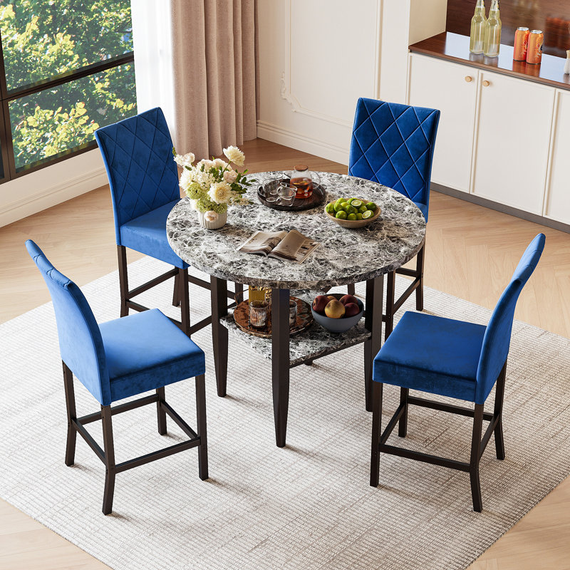 5 Pieces 35.4" Modern Style Round Faux Marble Counter Height Dining Table Set, Extendable Folding Kitchen Dining Table Set For 4 With 4 Velvet Upholstered Dining Chairs