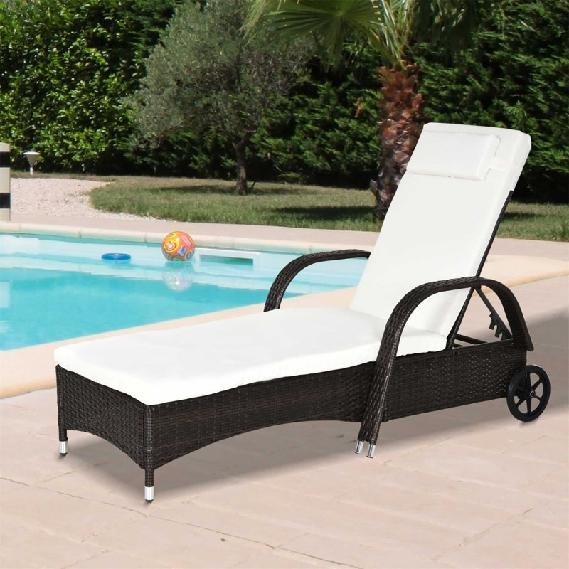 Aymelia 200cm Long Reclining Single Chaise with Cushions, White, Brown