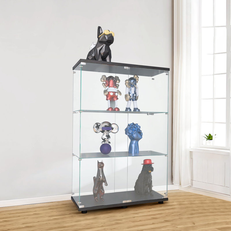 Présentoir, armoire en verre 3 tablettes avec porte, bibliothèque sur pied, Noir