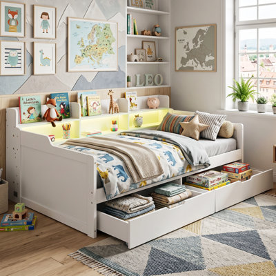 UK Single 3ft Wooden Daybed with App-Controlled RGB LED Lights & 2 Storage Drawers on Wheels, 90x190cm Multifunctional Guest Bed Frame with Integrated Bookshelf Headboard, White