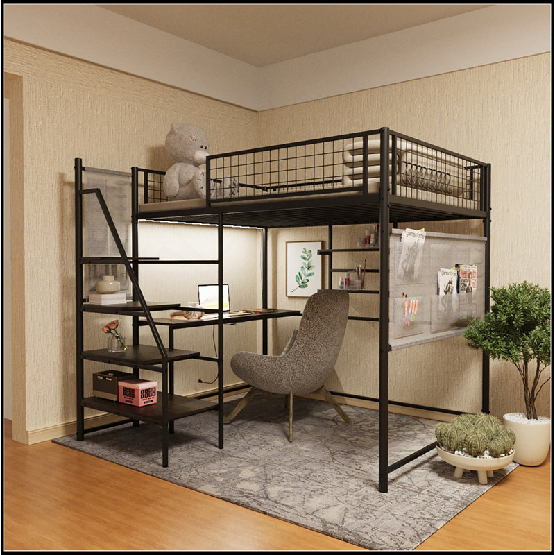 Lit mezzanine pleine grandeur en métal noir avec chambre à coucher et dortoir, avec station de charge intégrée et éclairage DEL