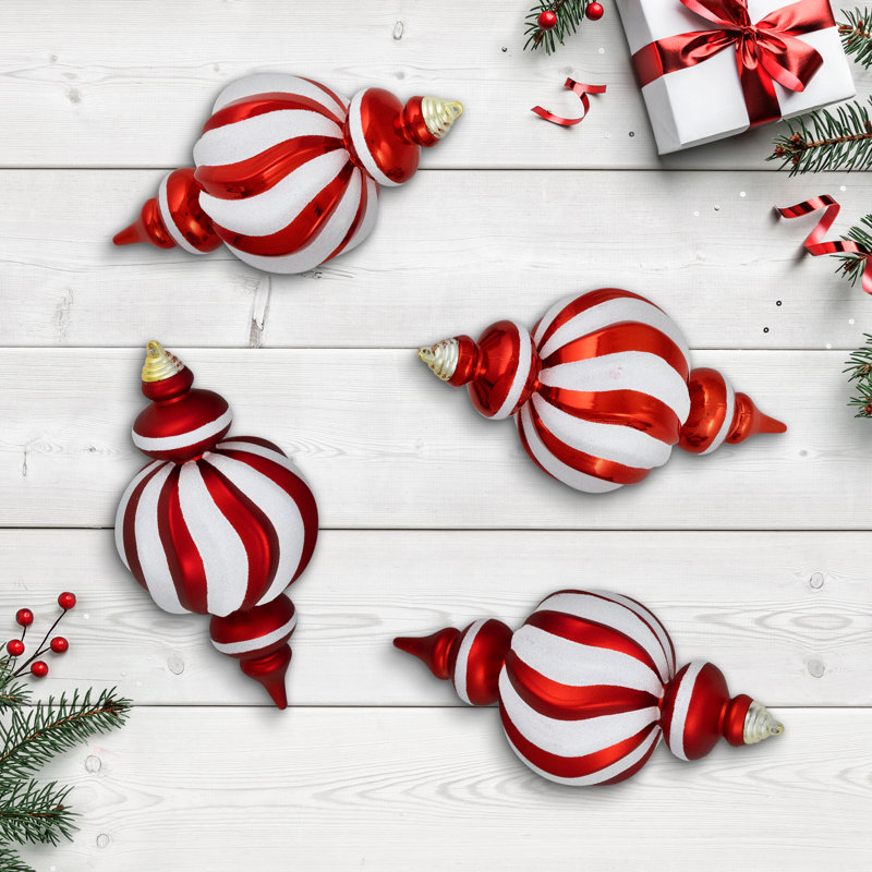 Shatterproof Commercial Size Finial Christmas Ornaments - 10" - Set Of 4, Red/White