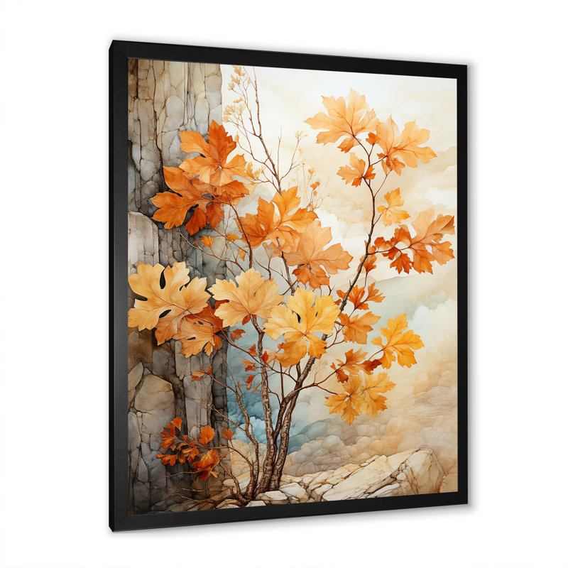 Feuillage abstrait pêche érable sur toile, Cadre photo noir simple, H 44 po x l 34 po x P 1,5 po