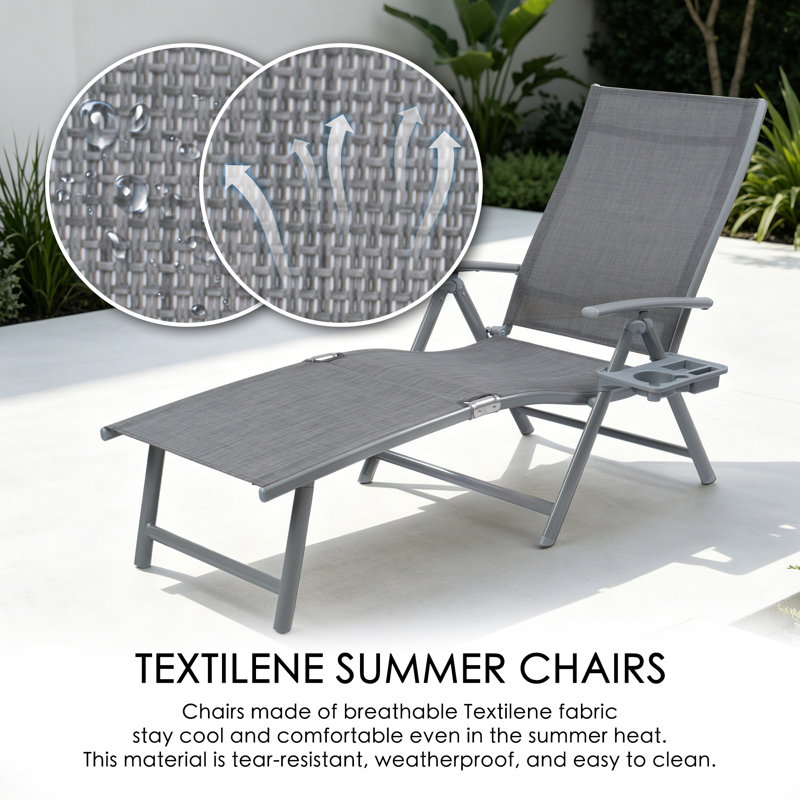 Cozy Cozy Aluminum Reclining Lounge Chair with Cushion Drink Holder Adjustable Assemble-Free , Gray