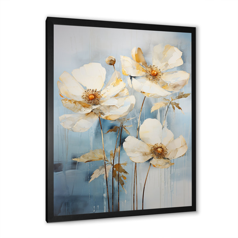 Minimalisme renoncules sur fond bleu sur toile, H 40 po x l 30 po x P 1,5 po, Cadre simple noir