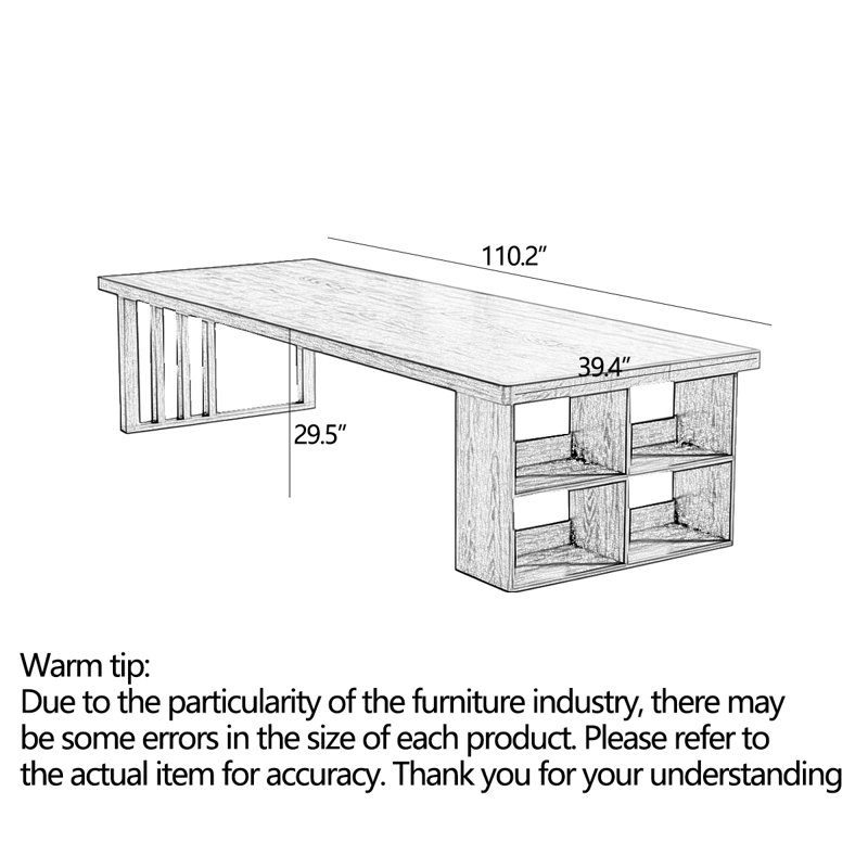 Table de conférence en pin massif avec tablettes de rangement ouvertes, 29.5" H x 110.2" L x 39.4" D