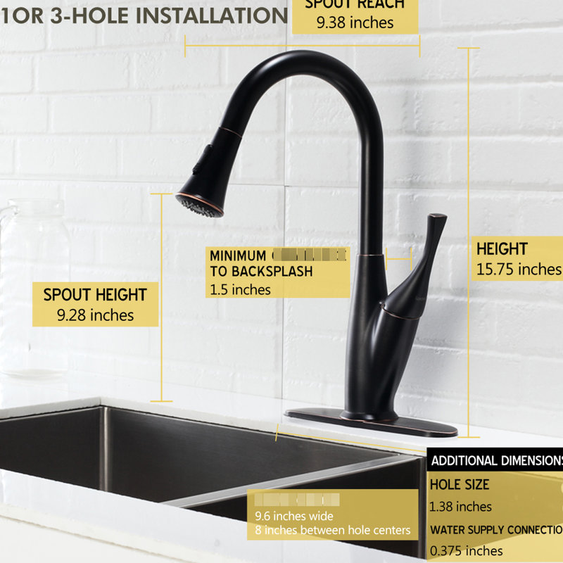 Robinet de cuisine, bronze huilé avec extracteur, complément aux styles, corrosion, poignée simple pour la température et le débit, bec pivotant à 360 degrés, double jet, robinet à installation rapide en bronze,
