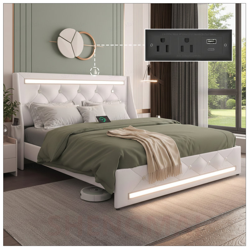 Base de lit grand format avec lumières DEL, station de charge et tête de lit à losanges pour un confort moderne, White, Queen