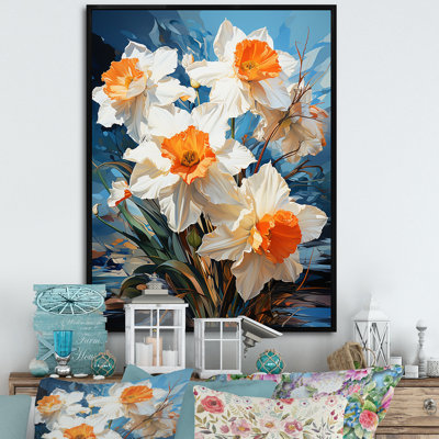 Jonquilles blanches et orange au printemps, reproduction sur toile