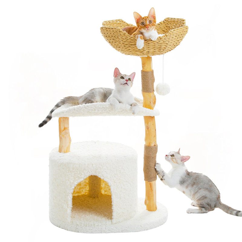 38" Modern Wooden White Cat Tree