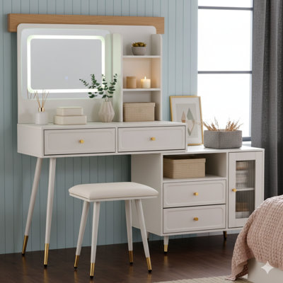 Modern Makeup Vanity Desk With Mirror And Lights. A Retractable Dressing Table Equipped With Drawers And A Cabinet. This Compact Makeup Table Set Includes A Power Outlet For The Bedroom, In White.