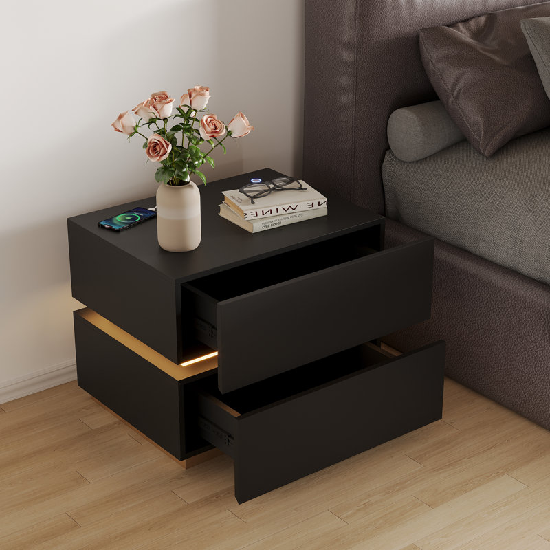 Modern Nightstand With 2 Drawers, LED Lighting & Wireless Charging, Black