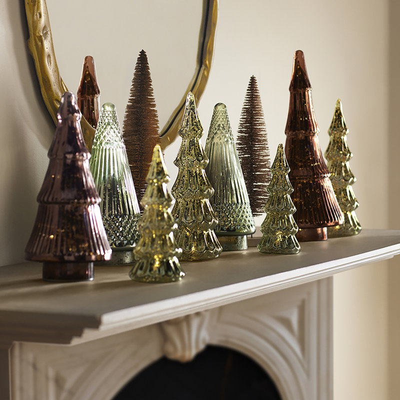 Marron Vintage Light Green LED Glass Tabletop Trees, Set of 2, 8.5" H x 3.25" W x 3.25" D