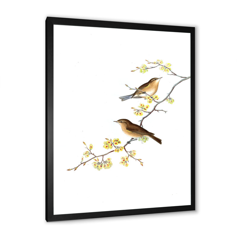 «Little Birds On The Tree Branches II», peinture sur toile, H 20 po x l 12 po x P 1po, Cadre noir