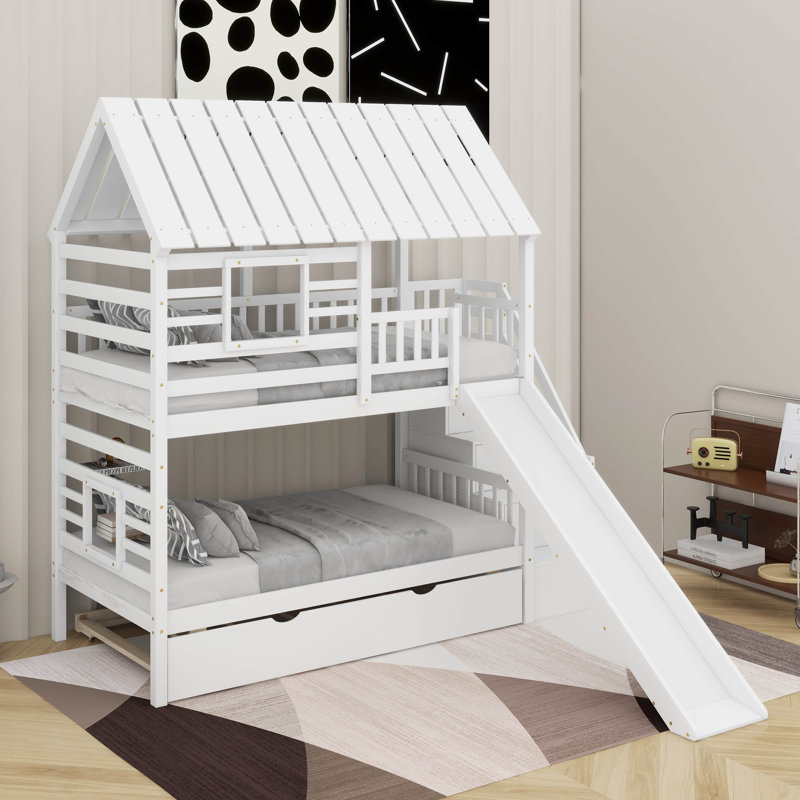 Twin Over Twin Bunk Bed With Trundle And Slide, White