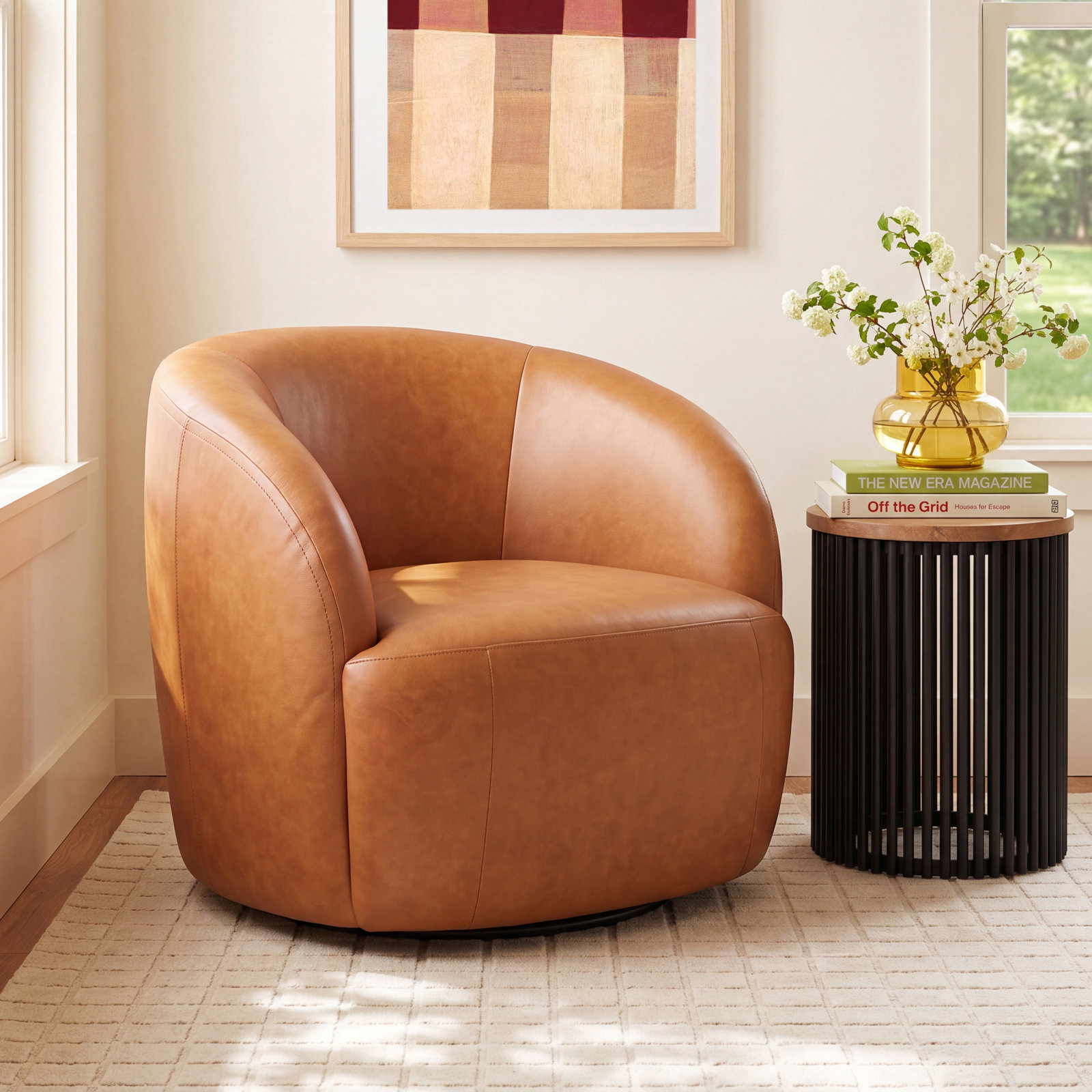 Alma Genuine Italian Leather Swivel Lounge Chair in Bourbon Tan