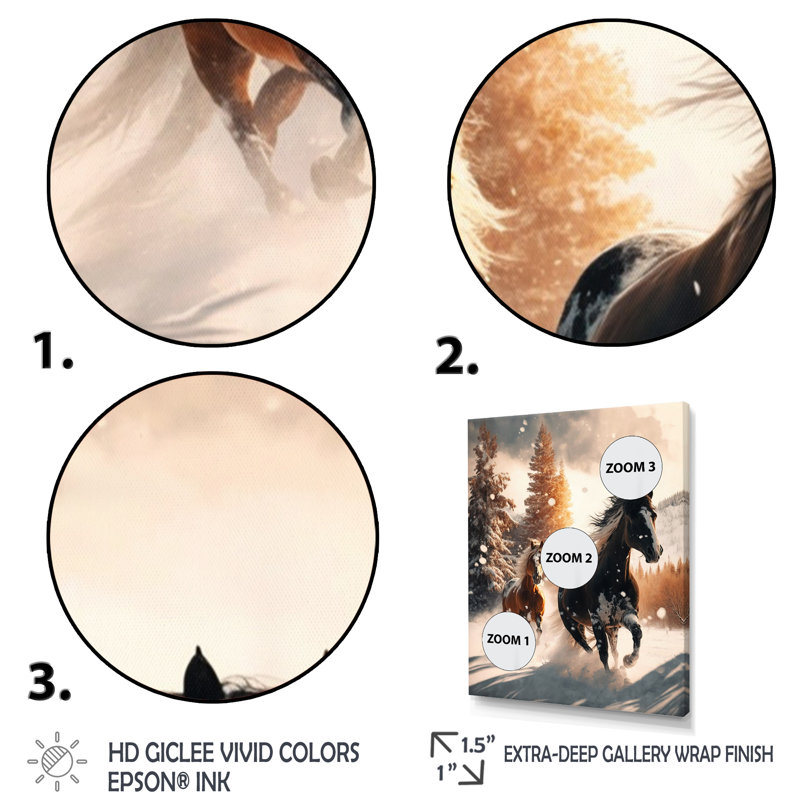 Scène hivernale de chevaux sauvages au galop I, Cadre simple noir, H 20 po x l 12 po x P 1 po