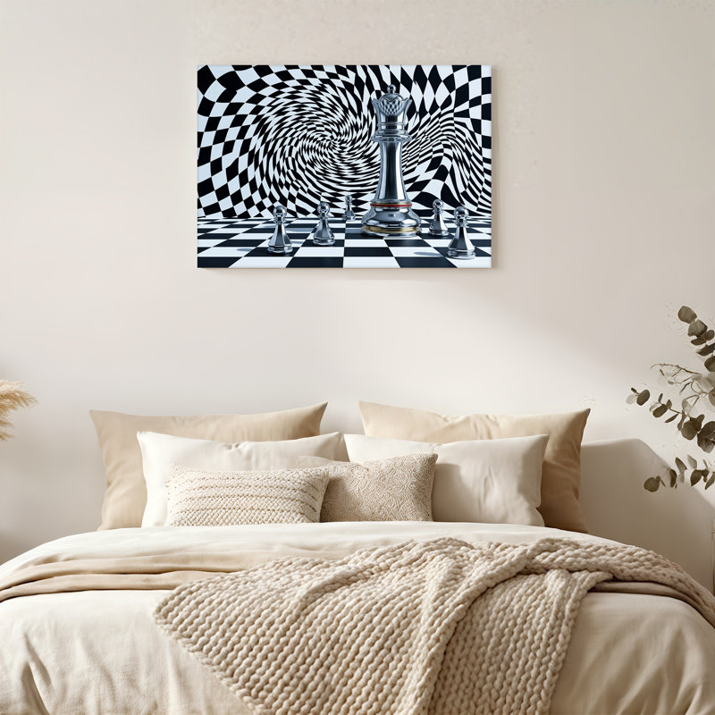 «Silver Chess Queen», art mural sur toile tourbillonnant en noir et blanc, H 20 po x l 30 po