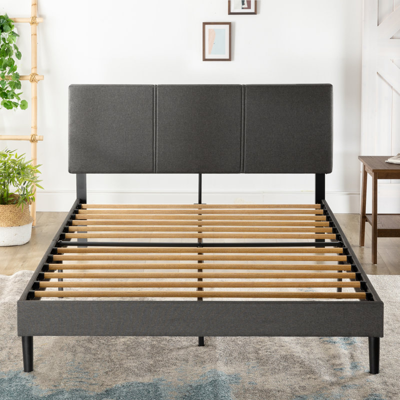 Elegant Gray Queen Upholstered Platform Bed with Bamboo Slats
