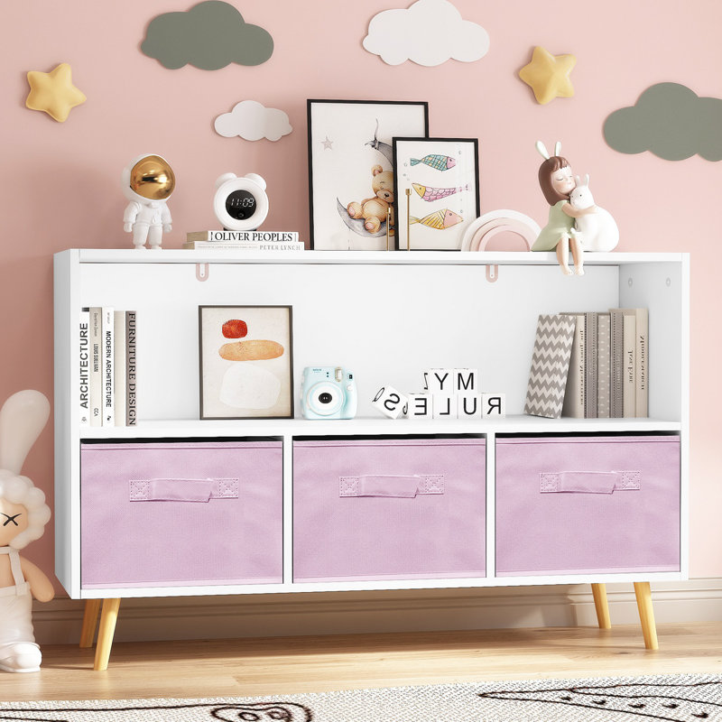 Kids Bookcase With Collapsible Fabric Drawers Toy Box Accent Cabinet Console Cabinet Entry Way Cabinet, White/Pink