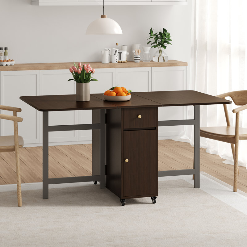 No Assembly 12'' to 59''W Extendable Dining Table for 2-6 People, Space-Saving Moveable Wood Kitchen Island with Wheels, Modern Folding Kitchen Table with Storage and Drop Leaves for Kitchen and Dining Room, Brown