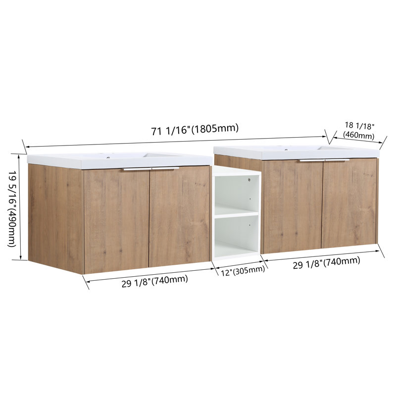Meuble-lavabo mural double 72 po Jenneen, Marron clair, 71"