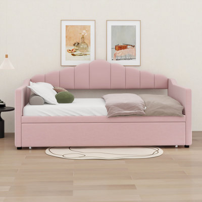 Upholstered Twin Size Daybed With Adjustable Height Pop Up Trundle And USB & Type-C Charging Port, 2 Side Pockets
