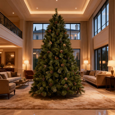 8FT Pre-Decorated Christmas Tree With Pine Cones– 1858Tips, Mixed PVC & Hard Needle Branches, Hinged Easy Setup & Sturdy Metal Stand