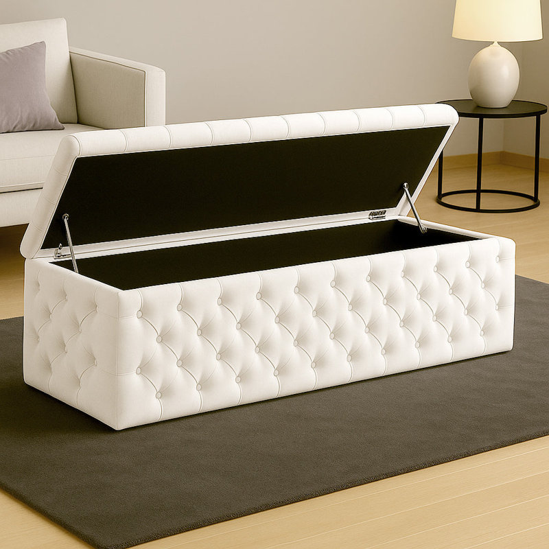 Lux Wide Velvet Chesterfield Rectangle Solid Color Standard Ottoman Box with Storage, 120cm W x 42cm D x 40cm H, White