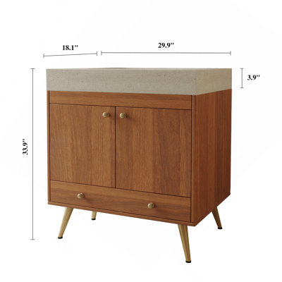 Meuble-lavabo autoportant de style Mid-Century avec comptoir en faux marbre et lavabo en céramique, armoire de rangement à double porte de 30 po, bois d'ingénierie imperméable, pieds dorés