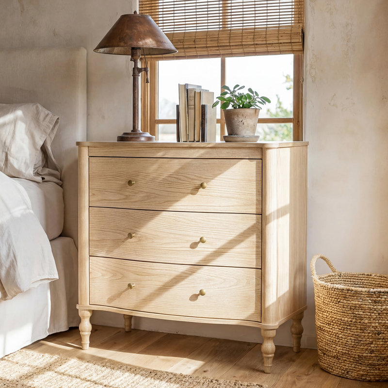  32.8'' W Vintage Curved Front Nightstand with 3 Drawers, Solid Wood Legs and Metal Knobs Adorn (Set of 2), Yellow Wood