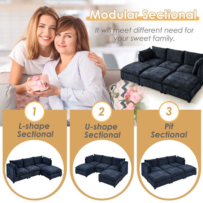 Canapé modulaire avec 3 repose-pieds Belandina, Chenille bleu marine
