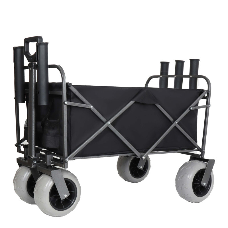 Chariot de pêche tout-terrain avec porte-cannes, structure en acier d'une capacité de 500 lb, pneus pneumatiques de 9 pouces, conception pliable et système de sangle multi-usage pour la plage, le camping et le transport utilitaire.