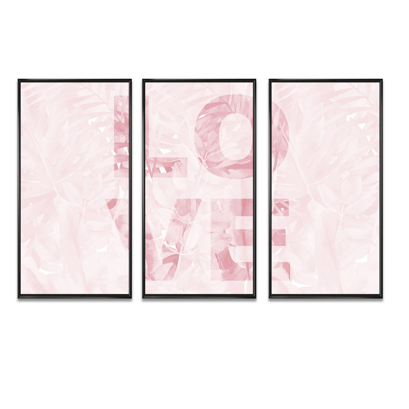 «Pink Pastel Love», 3 pièces, cadre flottant, impression sur toile, H 28 po x l 36 po, Noir