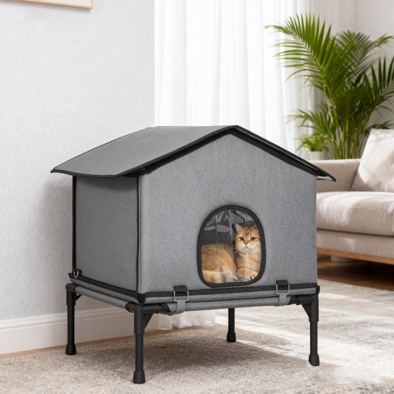 Maison d'extérieur pour chat, imperméable et isolée avec base surélevée, gris