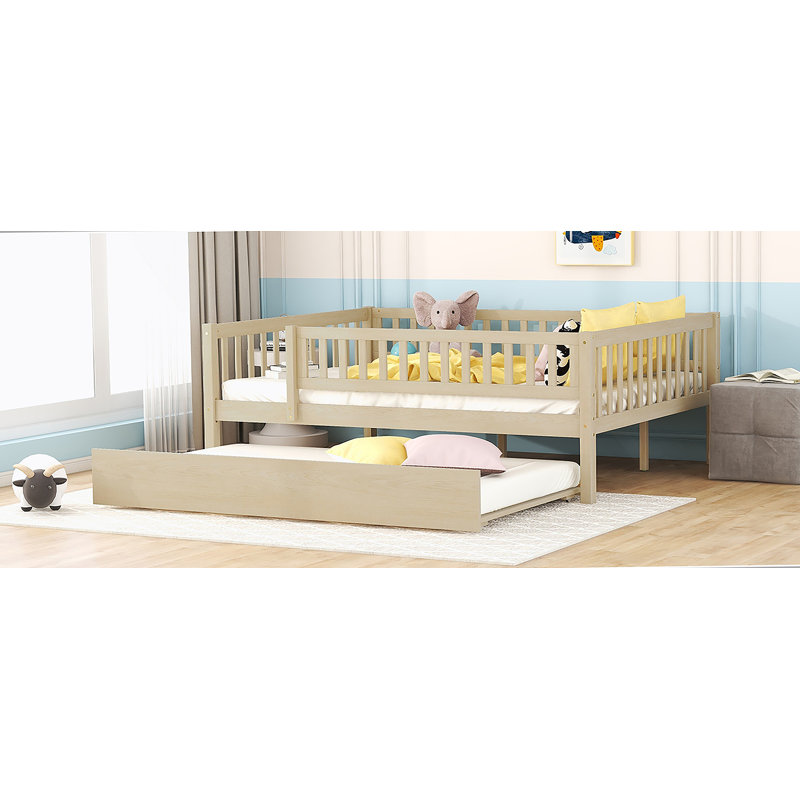 Wood Daybed With Trundle And Fence Guardrails, Natural, Full/Double