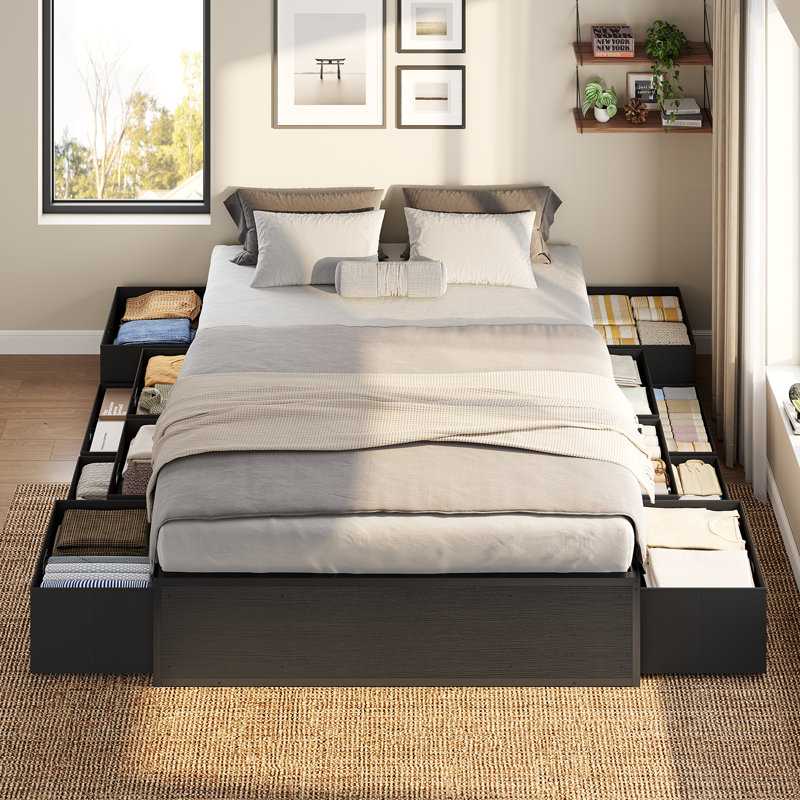 Cadre de lit simple / double / grand avec 12 tiroirs de rangement, lit plateforme en métal avec support à lattes en acier, pied de lit, aucun sommier requis, espace de rangement sous le cadre, assemblage facile, noir